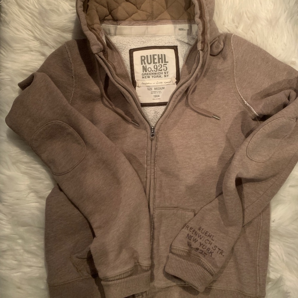 Ruehl 925 tan hooded sweatshirt with leather trim